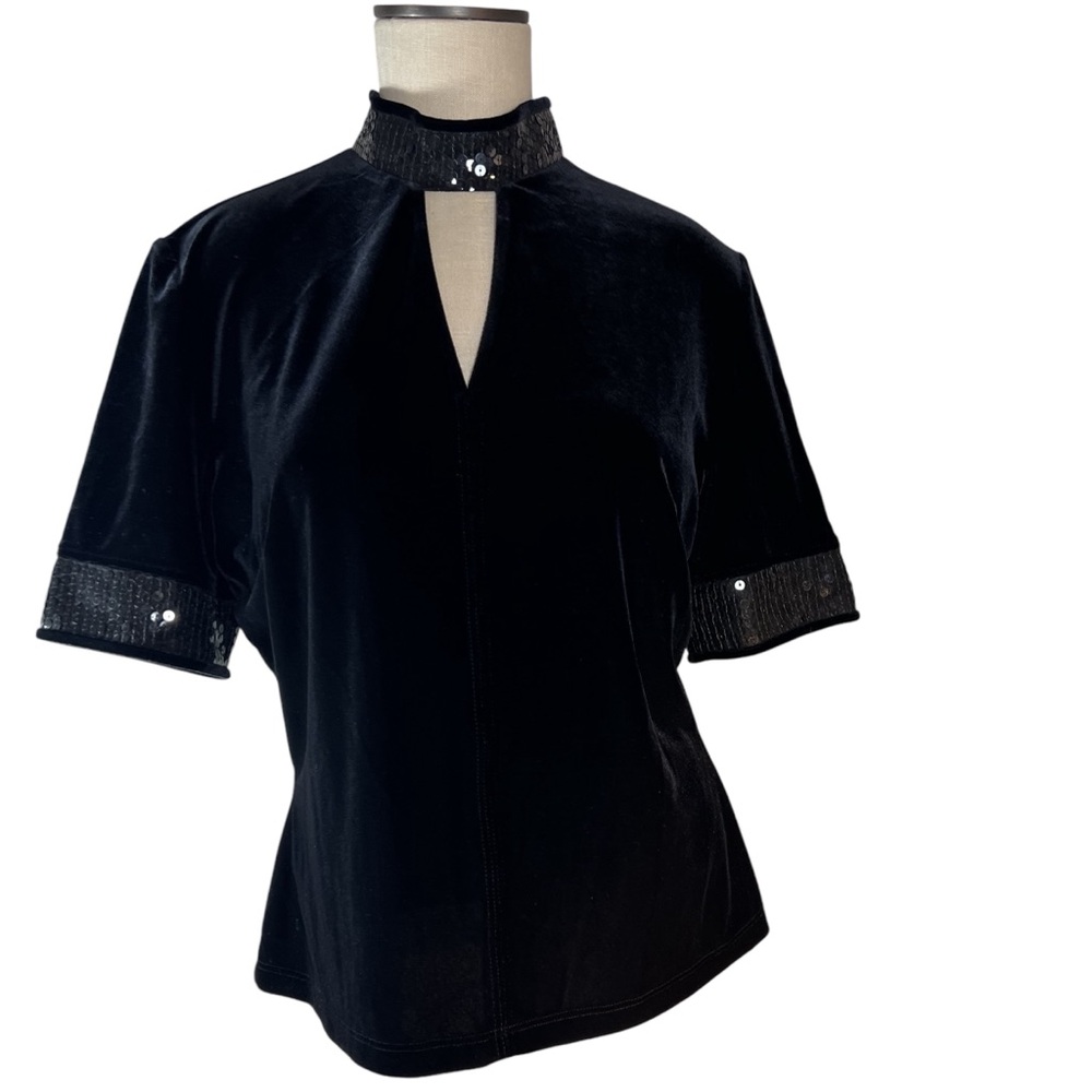 Seeler Black Stretch Velvet and Sequin Keyhole Top Size 6 Witchy Whimsig…